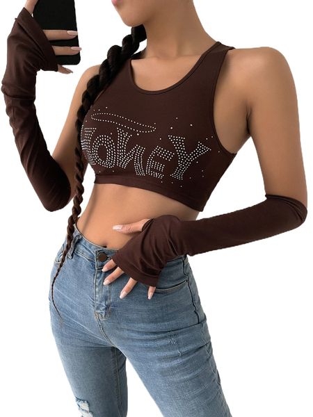 

rhinestone letter crop with armhole w5n7#, White
