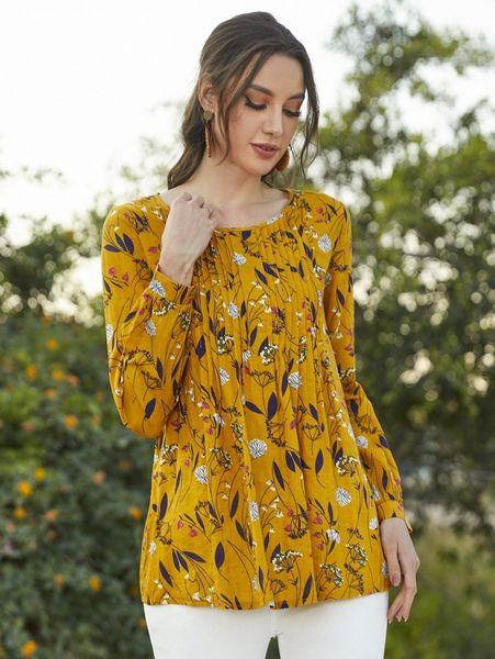 

floral print fold pleated blouse f5he#, White