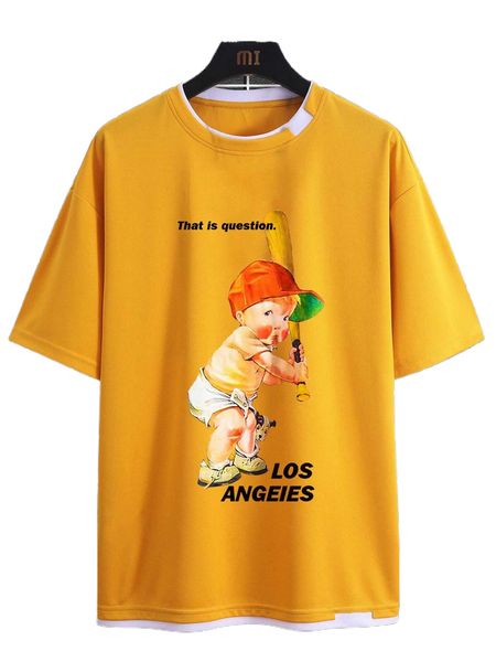 

men slogan & figure graphic drop shoulder 2 in 1 tee 199p#, White;black