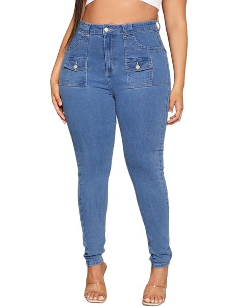 

plus high waist flap pocket skinny jeans j86x#, Blue