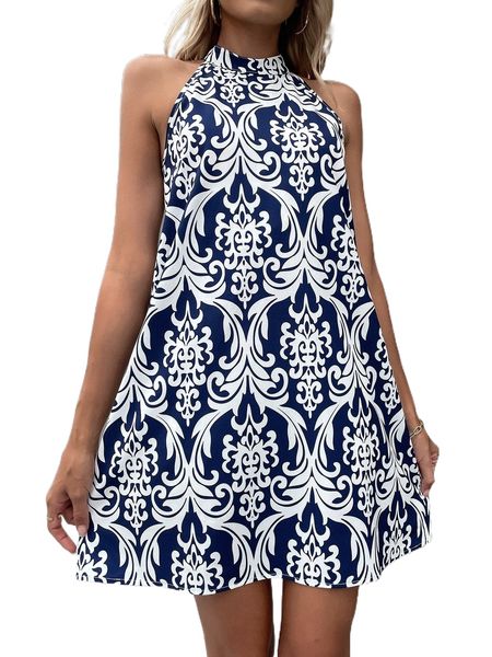 

scroll print halter dress 86xr#, Black;gray