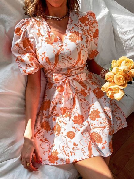 

random floral print puff sleeve belted dress h29a#, Black;gray