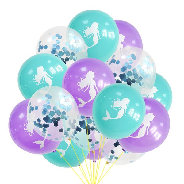 15pc/conjunto Sereia Mermaid Impresso Metallic Purple Confetti Latex Balloons Filhos Aniversário Decorações de festa do chá de bebê Favores MJ0742