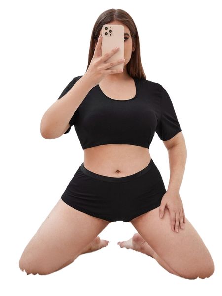 

plus solid rib lingerie set n7f1#, Black;white
