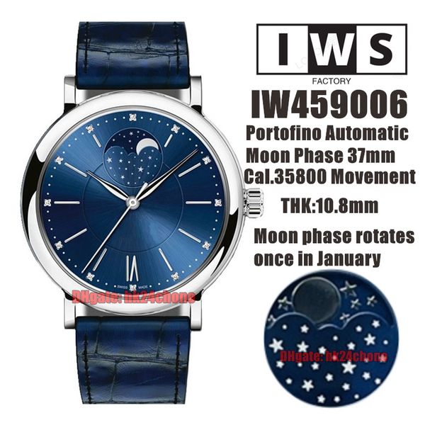 IWSF Top Quality Watches 37 мм из нержавеющей стали луна фаза Cal.35800 Автоматические женские часы 459006 Синий циферблат кожаные ремешки.