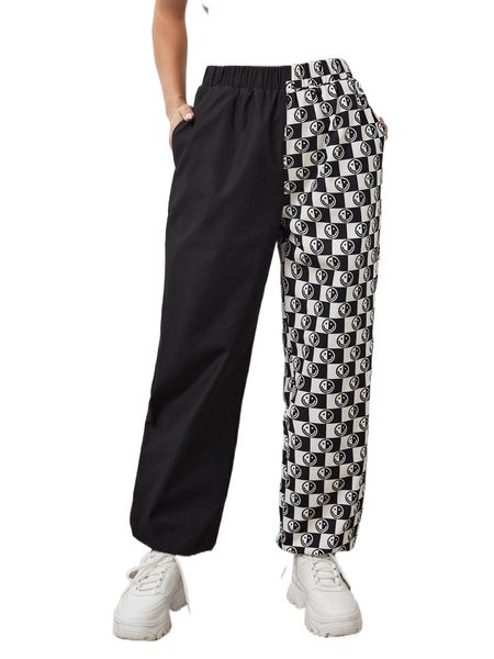 

x tartagain expression & checkered print pants 1164#, Black;white