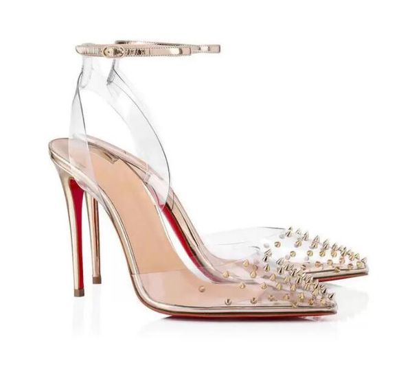 

summer spikoo pvc specchio women sandals transp light gold pointed toe pumps luxury red bottoms high heels designer, Black