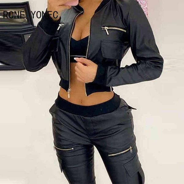 

women chic solid pu leather zipper& pocket short et l220728, Black