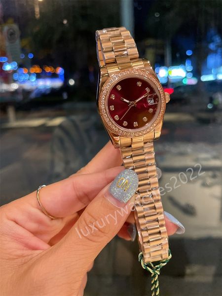 

super qulity dress watch lady gift 31mm 18k gold asia 2813 automatic mechanical diamond bezel stainless steel premium wristwatches montre de, Slivery;brown