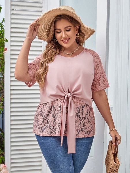 

plus raglan sleeve knot front lace w1rq#, Black