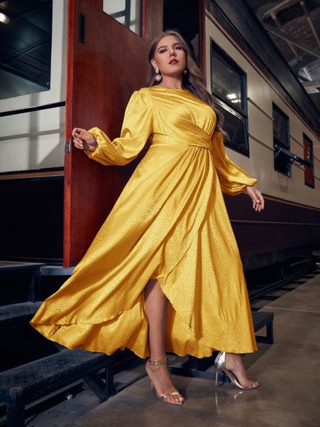 

plus jacquard lantern sleeve wrap satin dress t4su#, Black