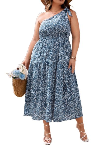 

plus ditsy floral one shoulder knot side dress m0ru#, Black