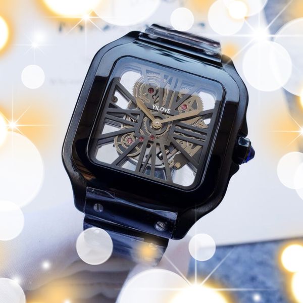 

38mm square stainless steel men's watch double sided skeleton designer classic clock imported quartz movement outdoor waterproof wristw, Slivery;brown