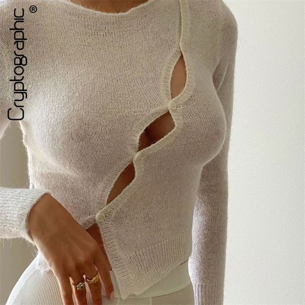 

cryptographic long sleeve spring autumn knitted women sweaters t-shirts elegant hollow out tees streetwear y2k clothes 220407, White