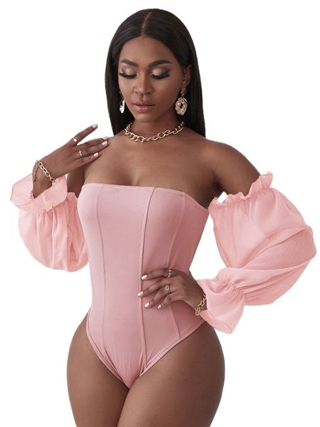 

sxy off shoulder flounce sleeve bodysuit t2h7#, White