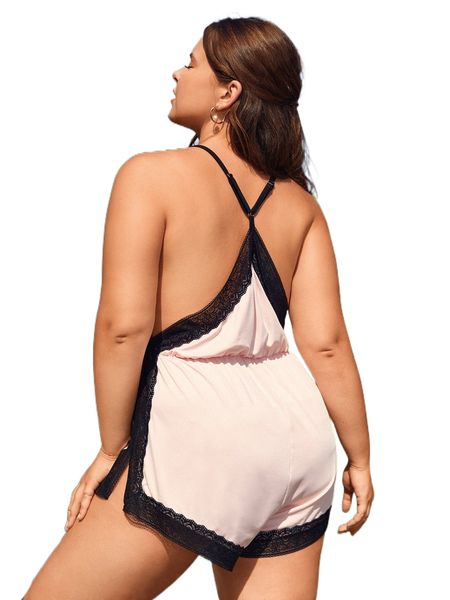

plus lace trim split thigh cami sleep romper 21mq#, Black;white