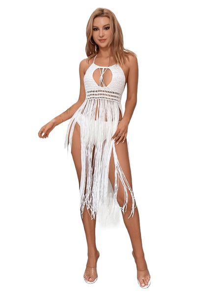

cut out fringe hem tie backless halter cover up without bikini 38bw#, White;black