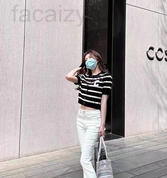 

women's knits & tees designer ce family 22 spring and summer new striped single breasted ice silk short knitted cardigan for women zazv, White