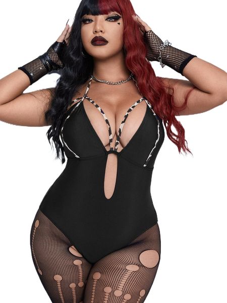 

plus leopard print cut out halter one piece swimsuit 76n9#, White;black