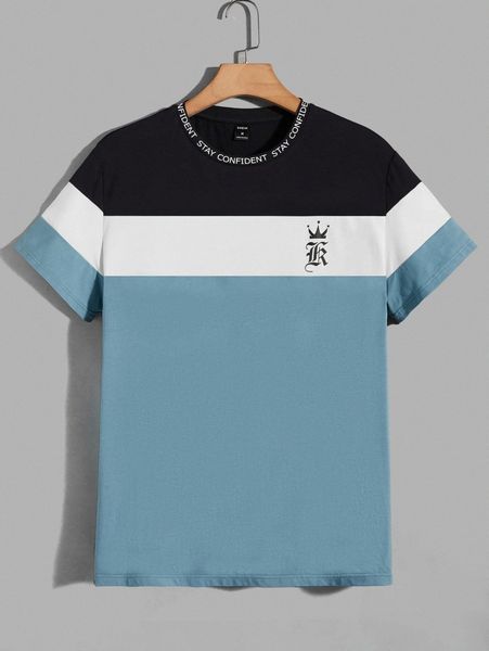 

men colorblock & slogan graphic tee a14i#, White;black