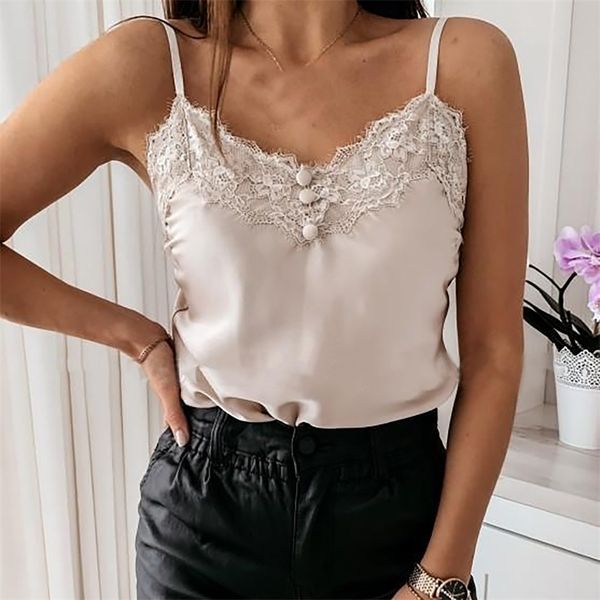 

summer women camisole lace v neck spaghetti strap tank ladies satin silk feminino button vest femme 220607, White