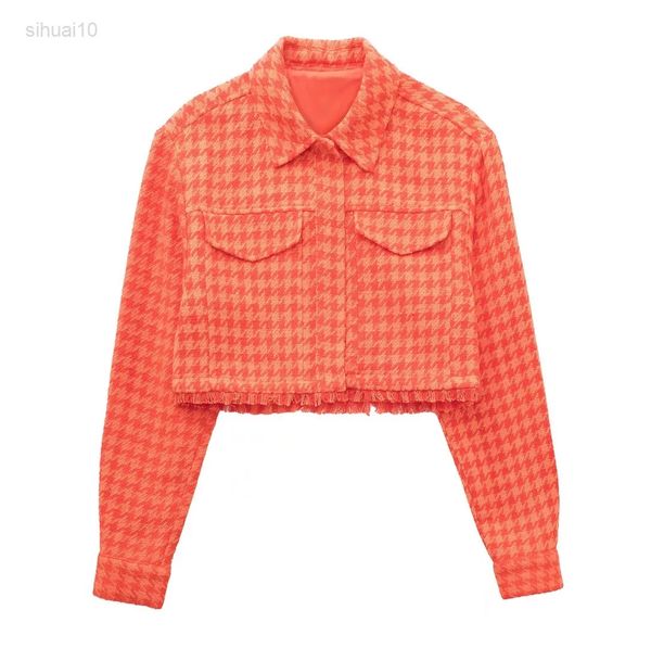 

women fashion weakened hem tweed cropped jacket vintage long sleeves snap button female outerwear chic l220725, Black;brown