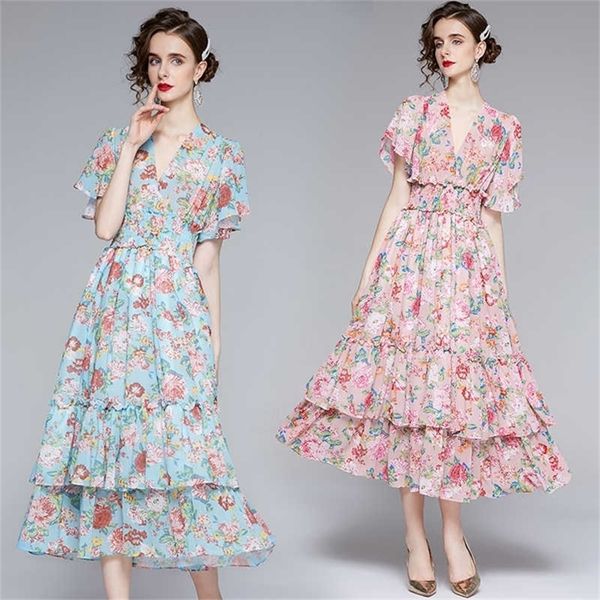 

summer fashion runway chiffon long dress women s v neck flower print bohemian holiday elegant dresses 210529, Black;gray