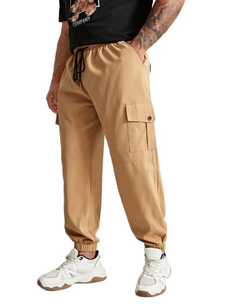 

extended sizes men flap pocket side drawstring waist cargo pants l3ac#, Black