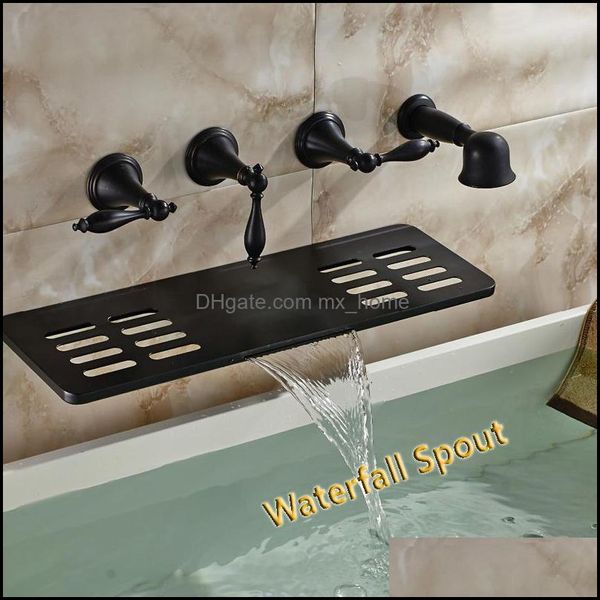 Groß- und Einzelhandel an der Wand befestigter Badezimmer-Wannen-Wasserhahn mit Öl eingeriebener Bronze, Wasserfall-Auslauf mit Seifenschalenhalter, Handbrause-Sprayer, Tropfenlieferung