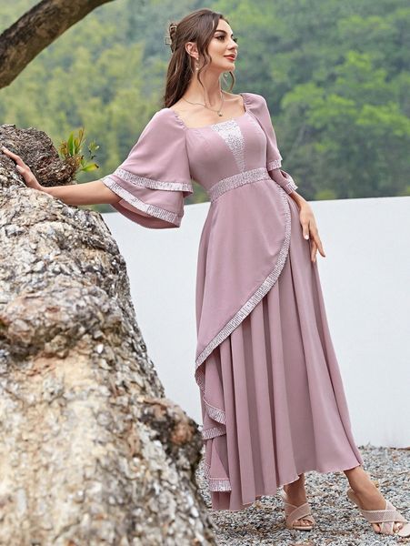 

contrast sequin square neck a-line dress e5oo#, Black;gray