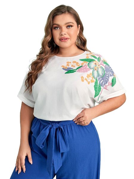 

plus floral print roll up sleeve tee d5pl#, Black