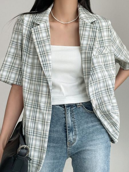 

dazy single button plaid blazer 949a#, White