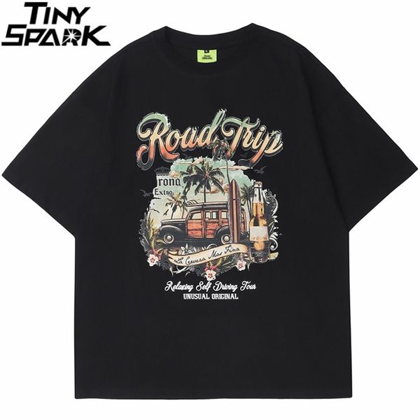 

hip hop streetwear harajuku tshirt painting car flower print t shirt cotton loose tshirt summer short sleeve tees men 220608, White;black