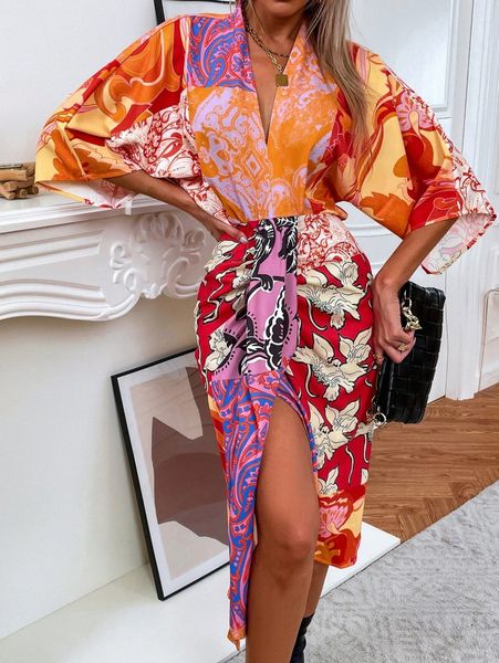 

floral & paisley print v neck batwing sleeve dress i63a#, Black;gray