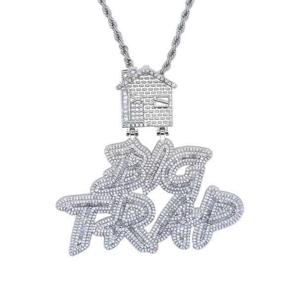 

iced out letter big trap with house pendant pave full cubic zircon fit cuban chain hip hop necklace jewelry wholesale, Silver