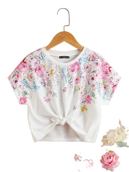 

plus floral print knot hem tee y3st#, Black