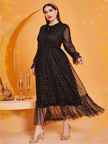 

plus dot mesh flounce sleeve frill trim dress b8oc#, Black