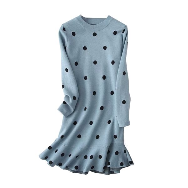 

women elegant polka dot knitted sweater dress autumn winter casual loose dress ruffles o neck long sleeve dresses vestidos 210320, Black;gray
