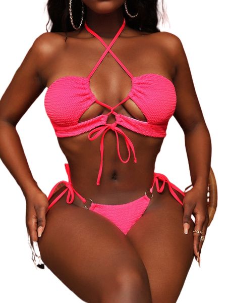 

lace up ring linked tie side bikini swimsuit h87y#, White;black