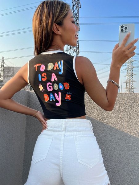 

floral & slogan graphic contrast binding tank c56g#, White