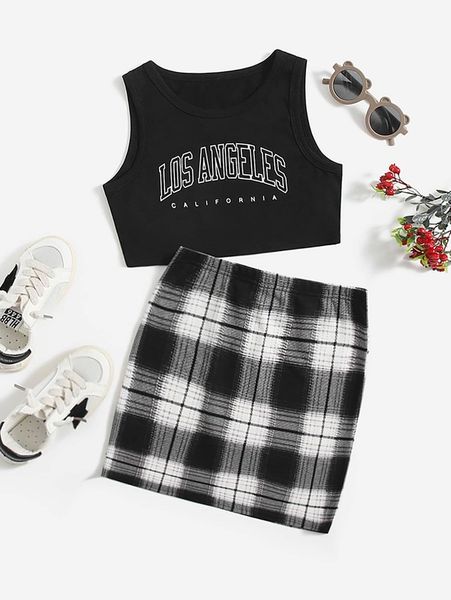 

girls letter graphic tank & plaid skirt she, White