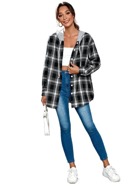 

plaid print drop shoulder drawstring hooded blouse l0gw#, White