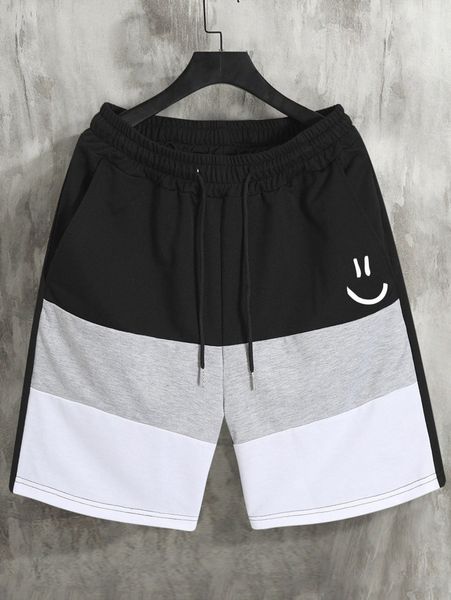 

men cartoon & colorblock drawstring waist shorts g6ws#, White;black