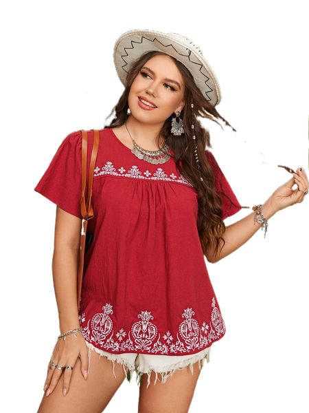 

plus paisley embroidery puff sleeve blouse 75if#, Black