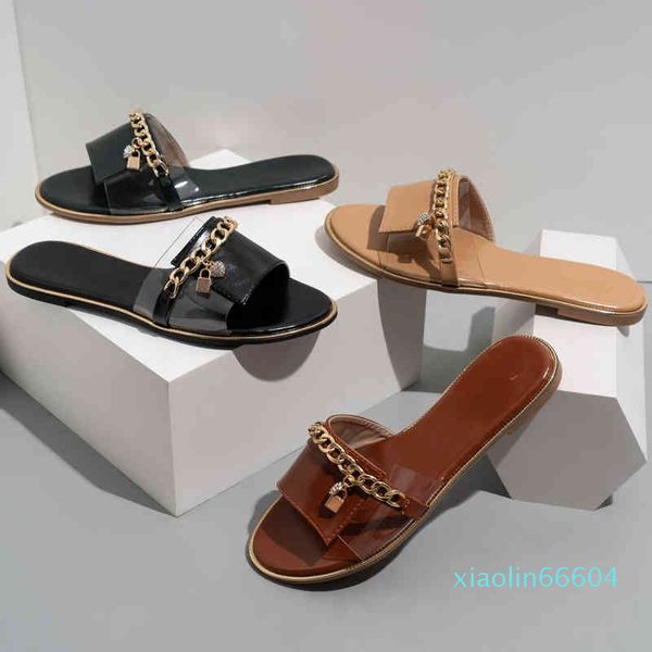 

fashion-female lock chain sandals women's casual flat bottom women's slippers summer, Black