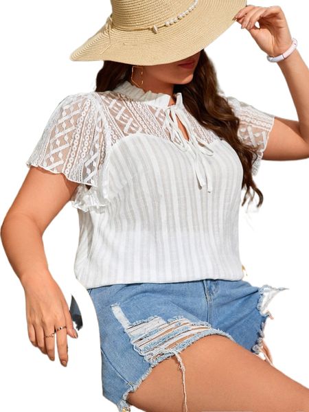 

plus contrast lace frill trim tie neck butterfly sleeve blouse l16h#, Black