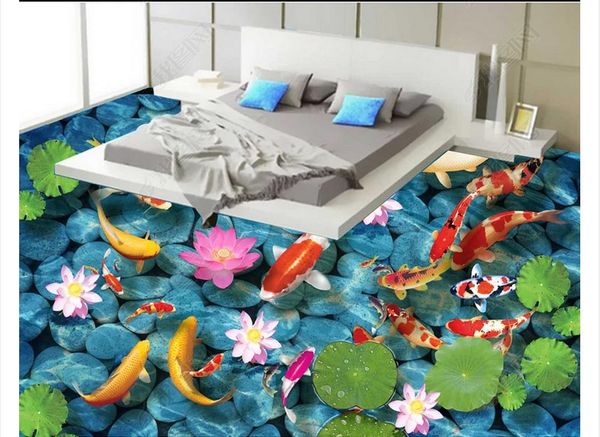 Papel de parede personalizado Papel de parede 3D adesivos de parede moderno 3d tridimensional lagoa peixes escola flores auto-adesivas pintura de piso paredes papéis decoração de casa