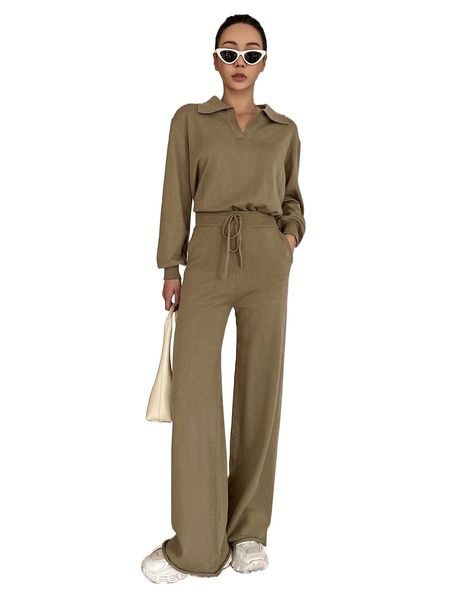 

dazy collared drop shoulder sweater & drawstring waist knit pants j8ft#, White;black