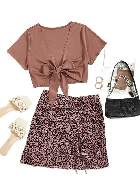 

plus knot front & leopard drawstring ruffle hem skirt n4ji#, Black