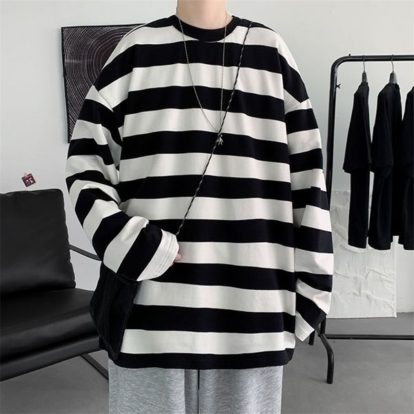 

privathinker harajuku striped t shirts for men oversized tees man casual long sleeve tshirt woman loose pullovers 5xl 220427, White;black